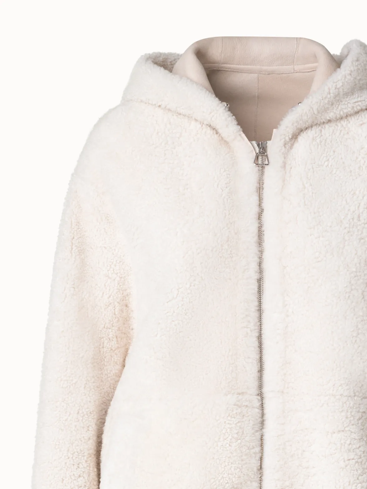 Oversize Shearling Leather Jacket with Hood Akris