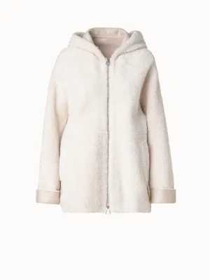 Oversize Shearling Leather Jacket with Hood Akris