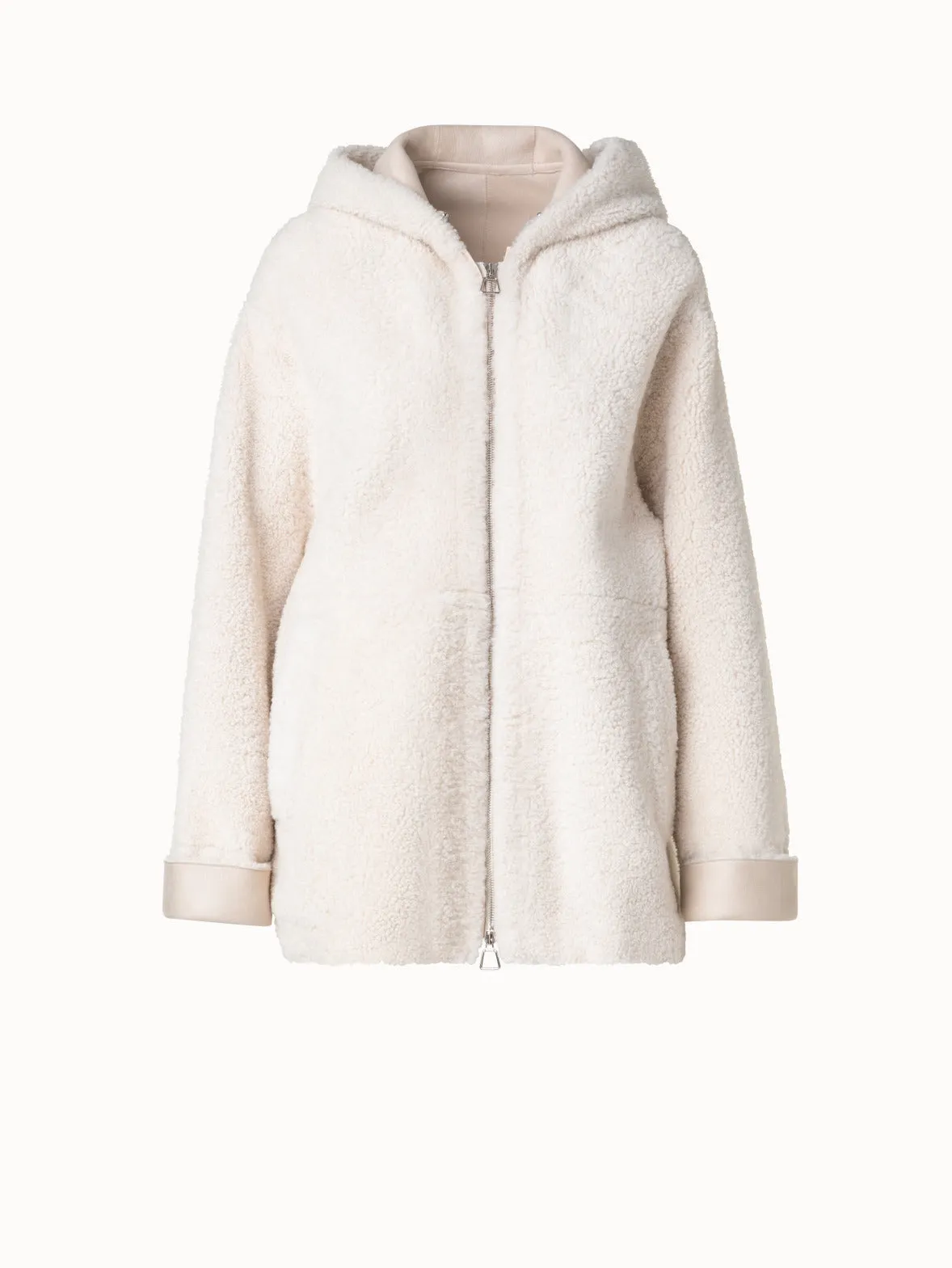 Oversize Shearling Leather Jacket with Hood Akris
