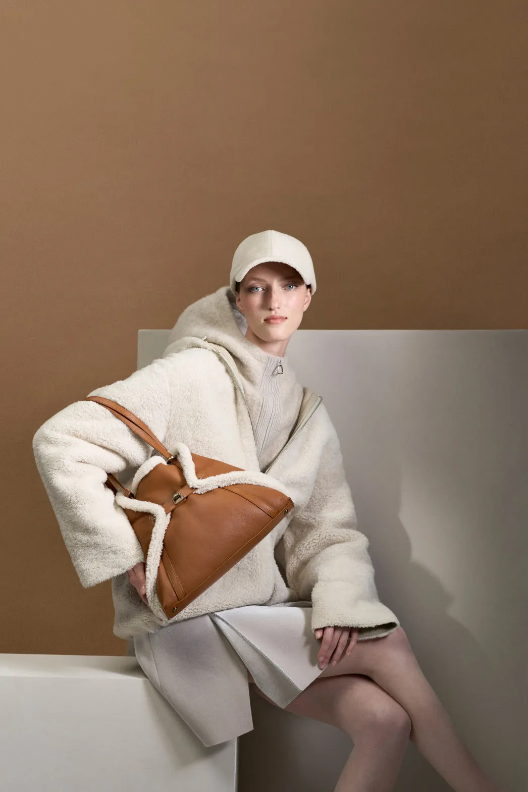 Oversize Shearling Leather Jacket with Hood Akris