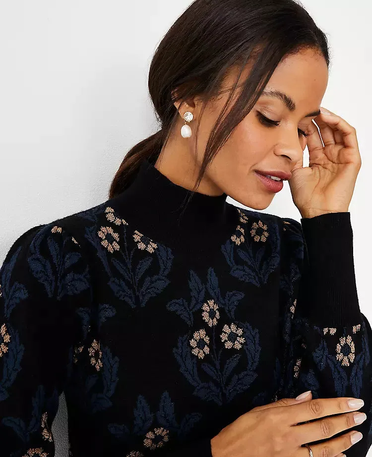 petite floral mock neck sweater dress in black Gloria Lanvin