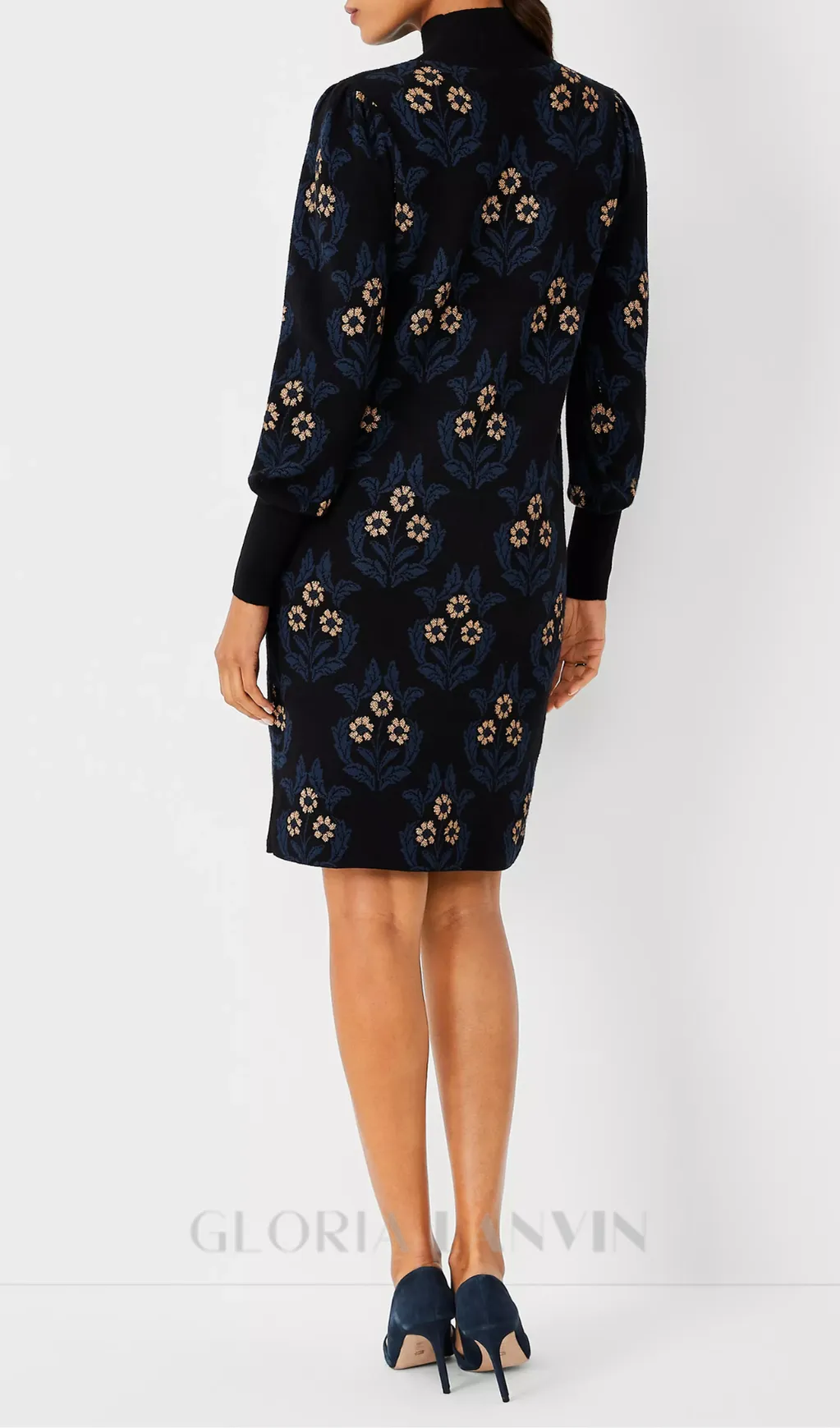petite floral mock neck sweater dress in black Gloria Lanvin