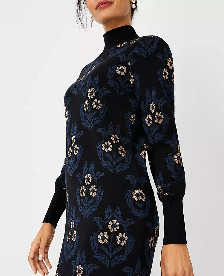 petite floral mock neck sweater dress in black Gloria Lanvin