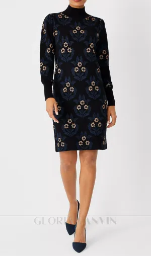 petite floral mock neck sweater dress in black Gloria Lanvin