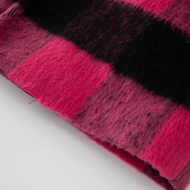 Plaid Pink Long Sleeve Double Breasted Coat (Belted) Anna Kay Co