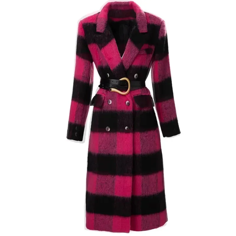 Plaid Pink Long Sleeve Double Breasted Coat (Belted) Anna Kay Co