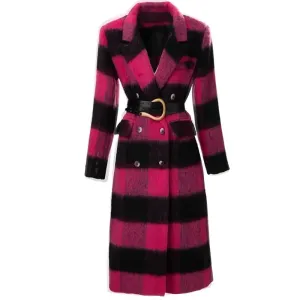 Plaid Pink Long Sleeve Double Breasted Coat (Belted) Anna Kay Co