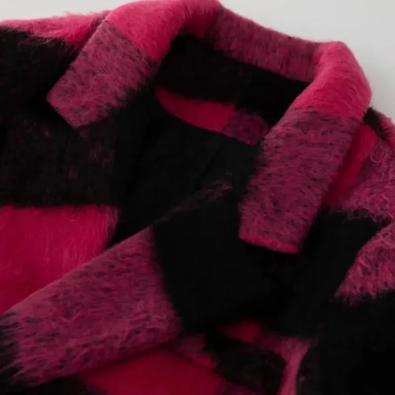 Plaid Pink Long Sleeve Double Breasted Coat (Belted) Anna Kay Co