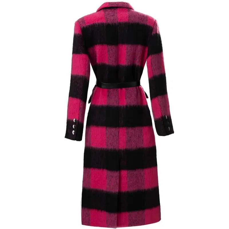 Plaid Pink Long Sleeve Double Breasted Coat (Belted) Anna Kay Co