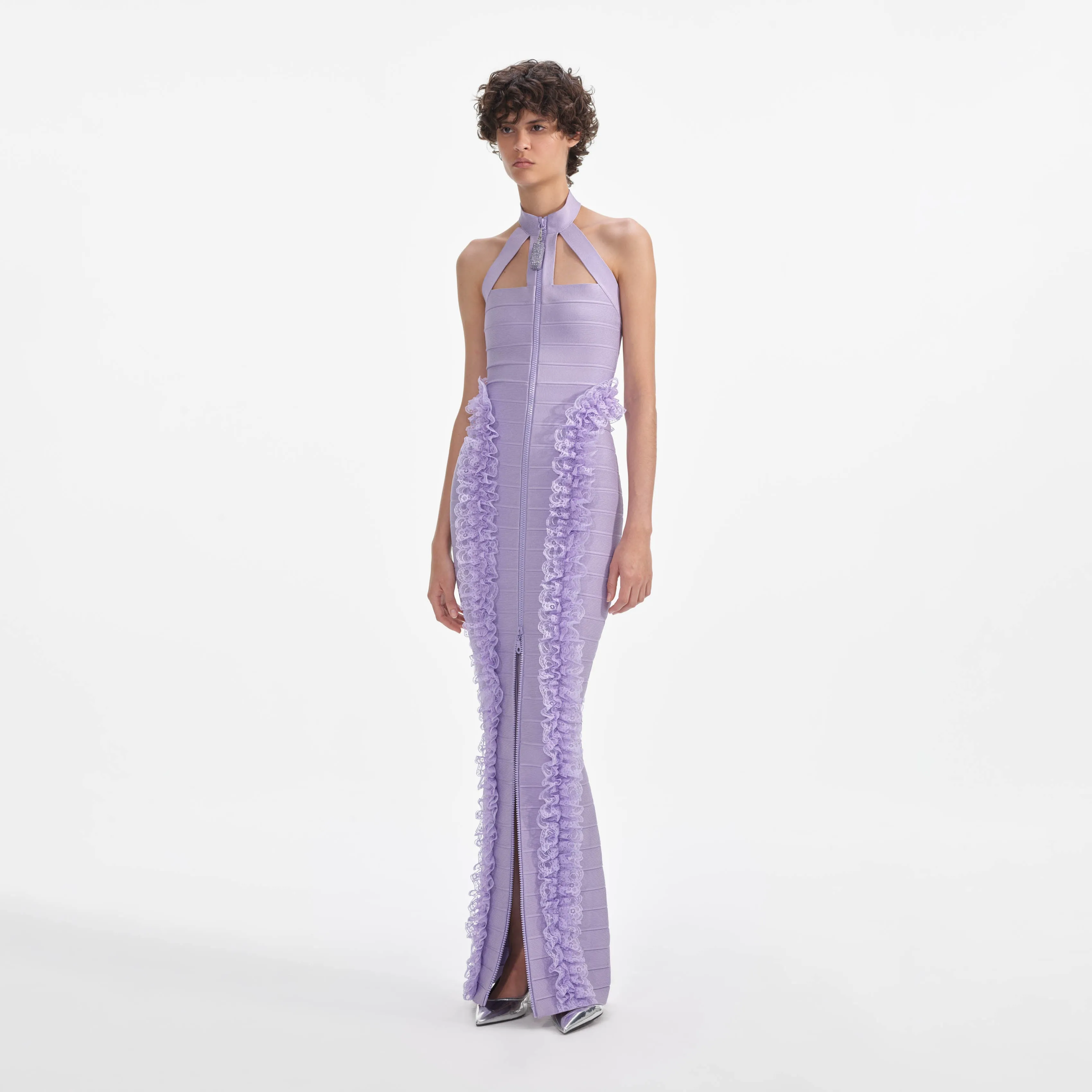 Purple Knit Zip Ruffle Maxi Dress Self Portrait