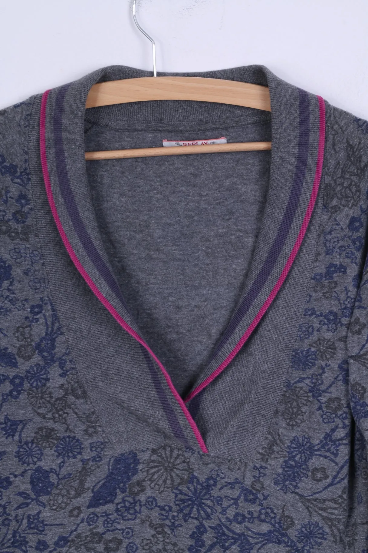Replay Womens M Shirt Grey Long Sleeve Shawl Flowers Printed Stretch