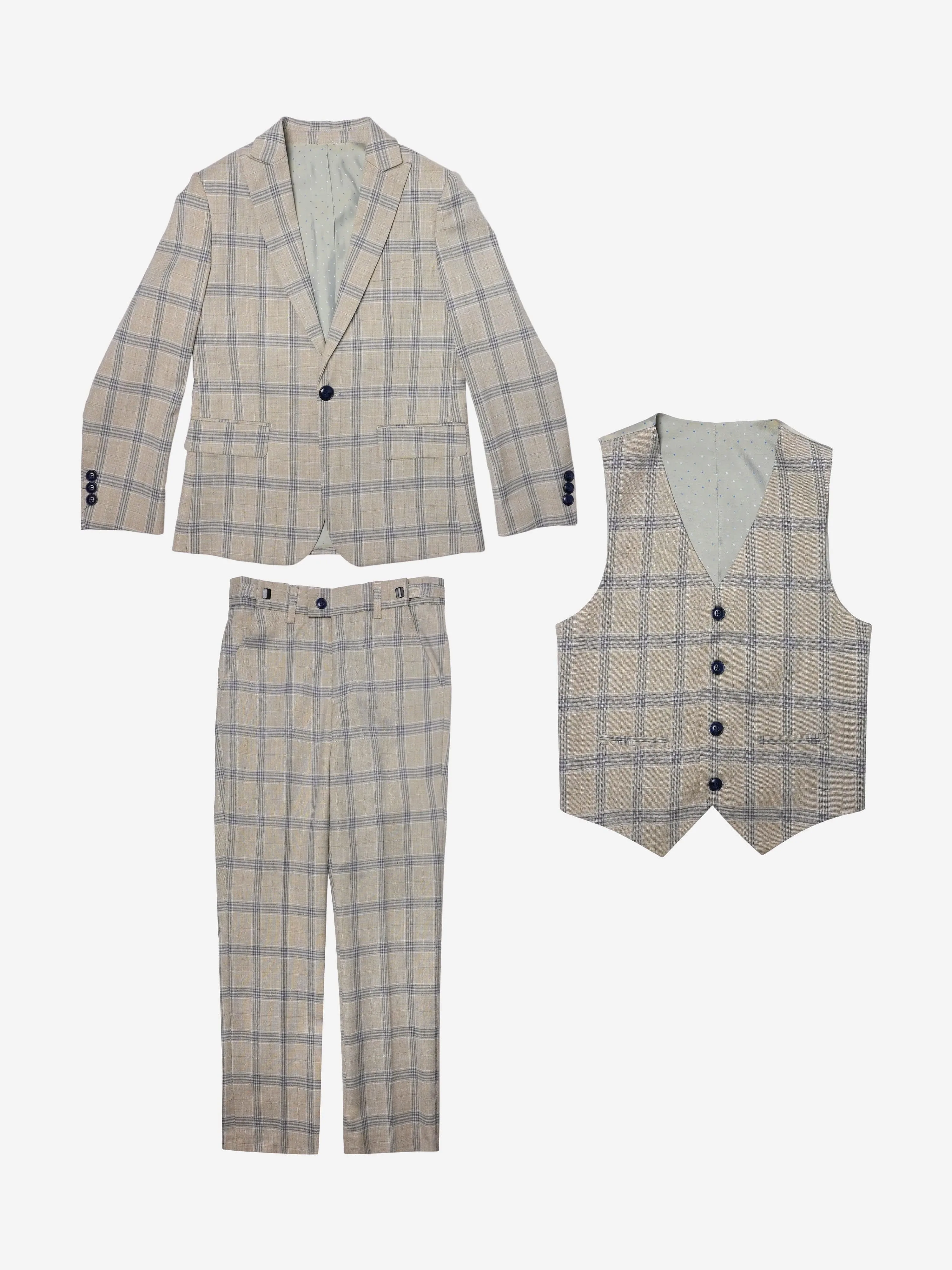 Romano Boys Check 3 Piece Suit in Beige