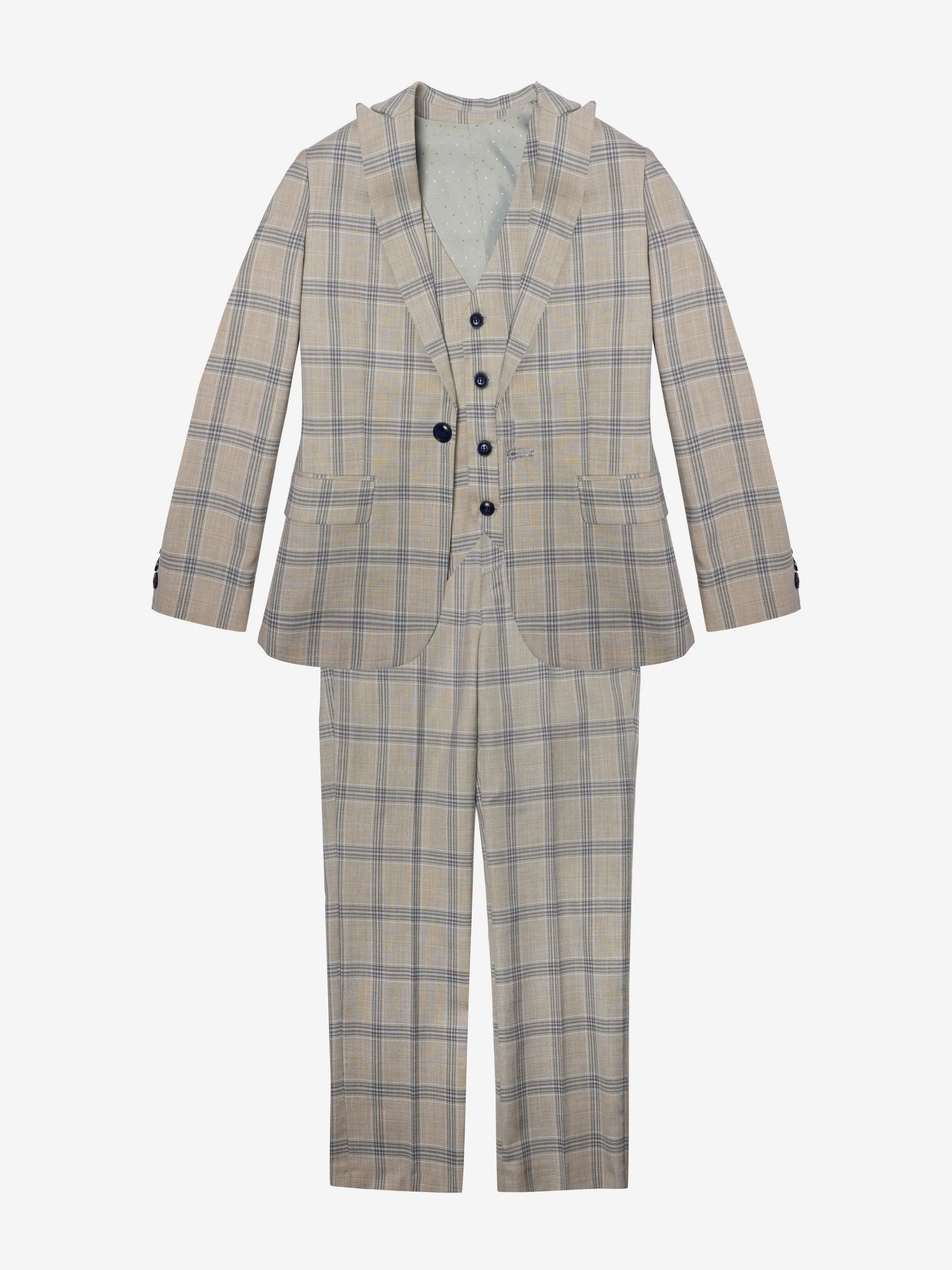 Romano Boys Check 3 Piece Suit in Beige