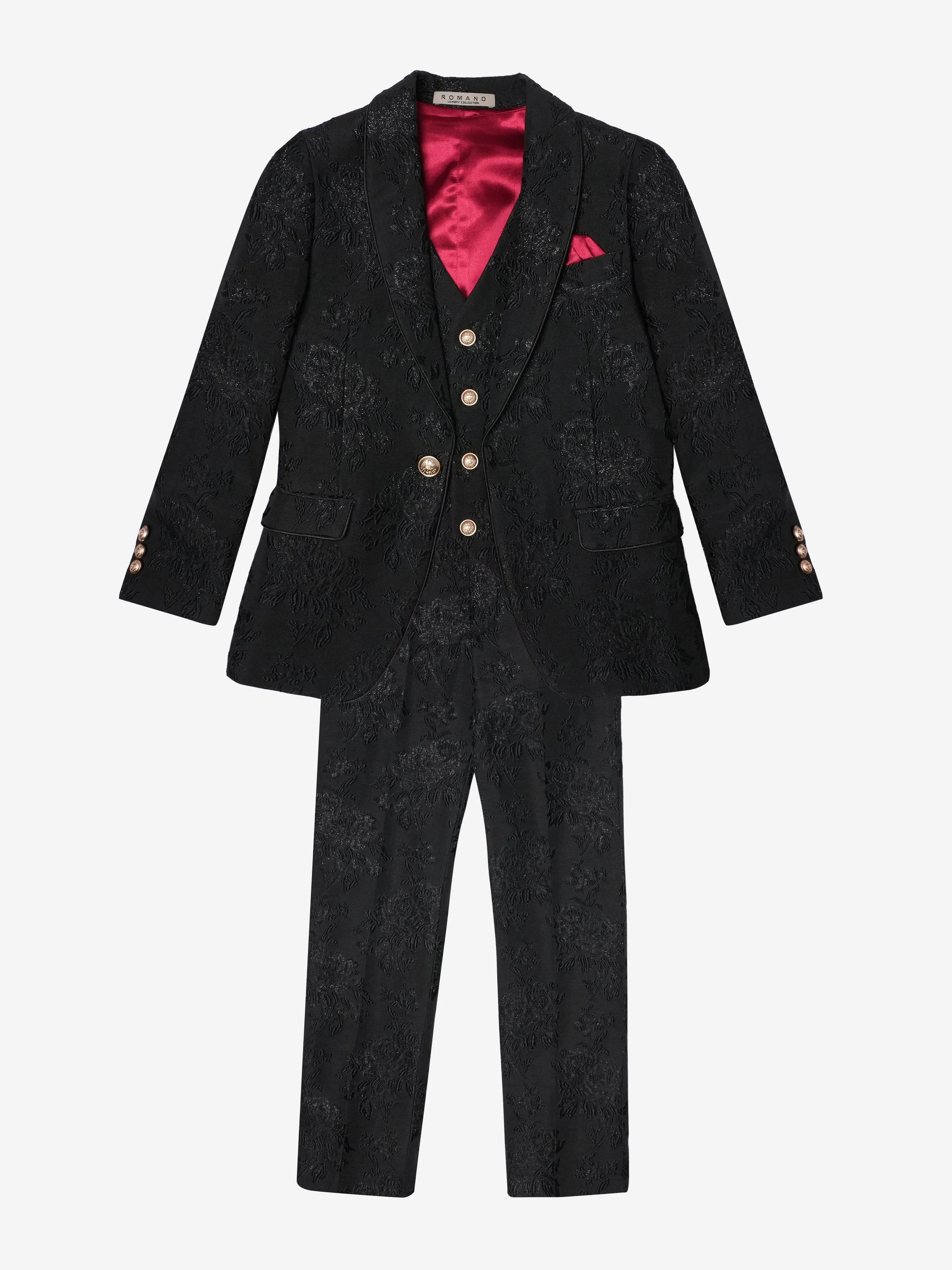 Romano Boys Shawl Collar Jacquard 3 Piece Suit in Black