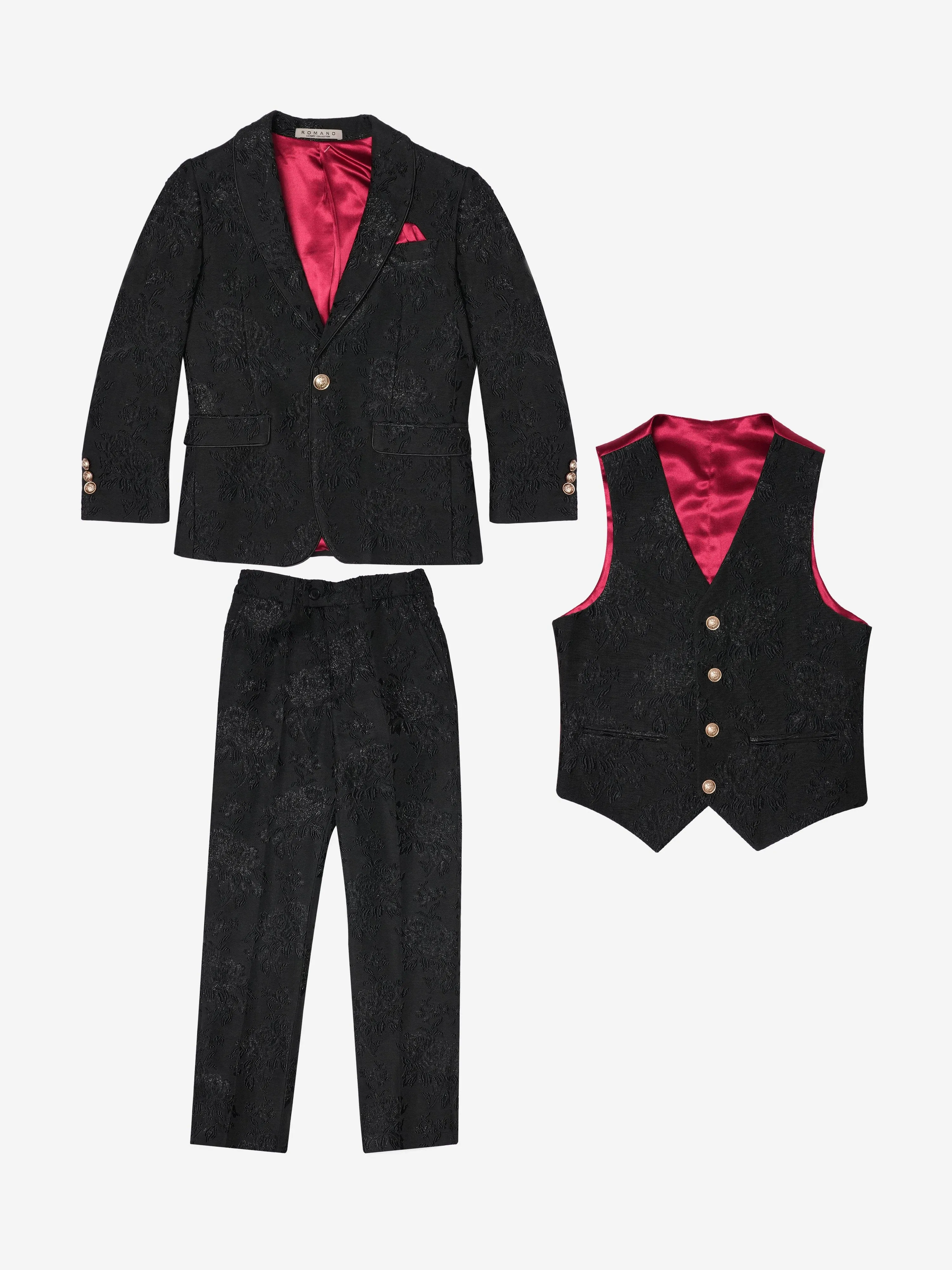 Romano Boys Shawl Collar Jacquard 3 Piece Suit in Black