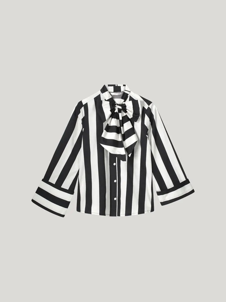 Summum Stripe Printed Blouse with Bow Black & Ivory