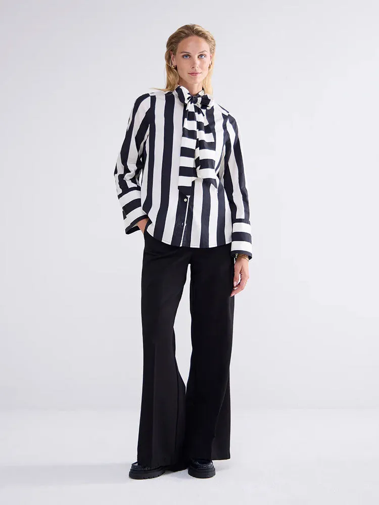 Summum Stripe Printed Blouse with Bow Black & Ivory
