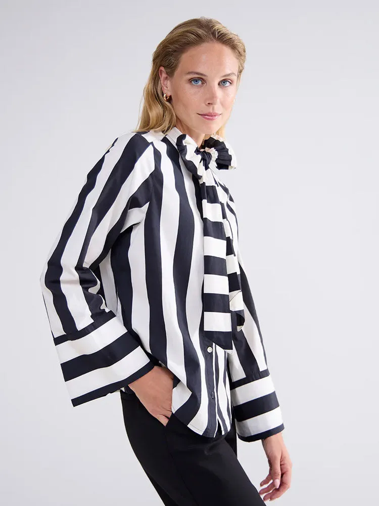 Summum Stripe Printed Blouse with Bow Black & Ivory