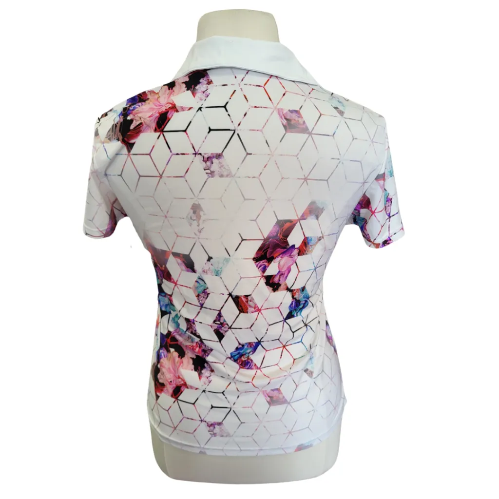 SwingDish Electric Floral Geometric Print White Polo Size L