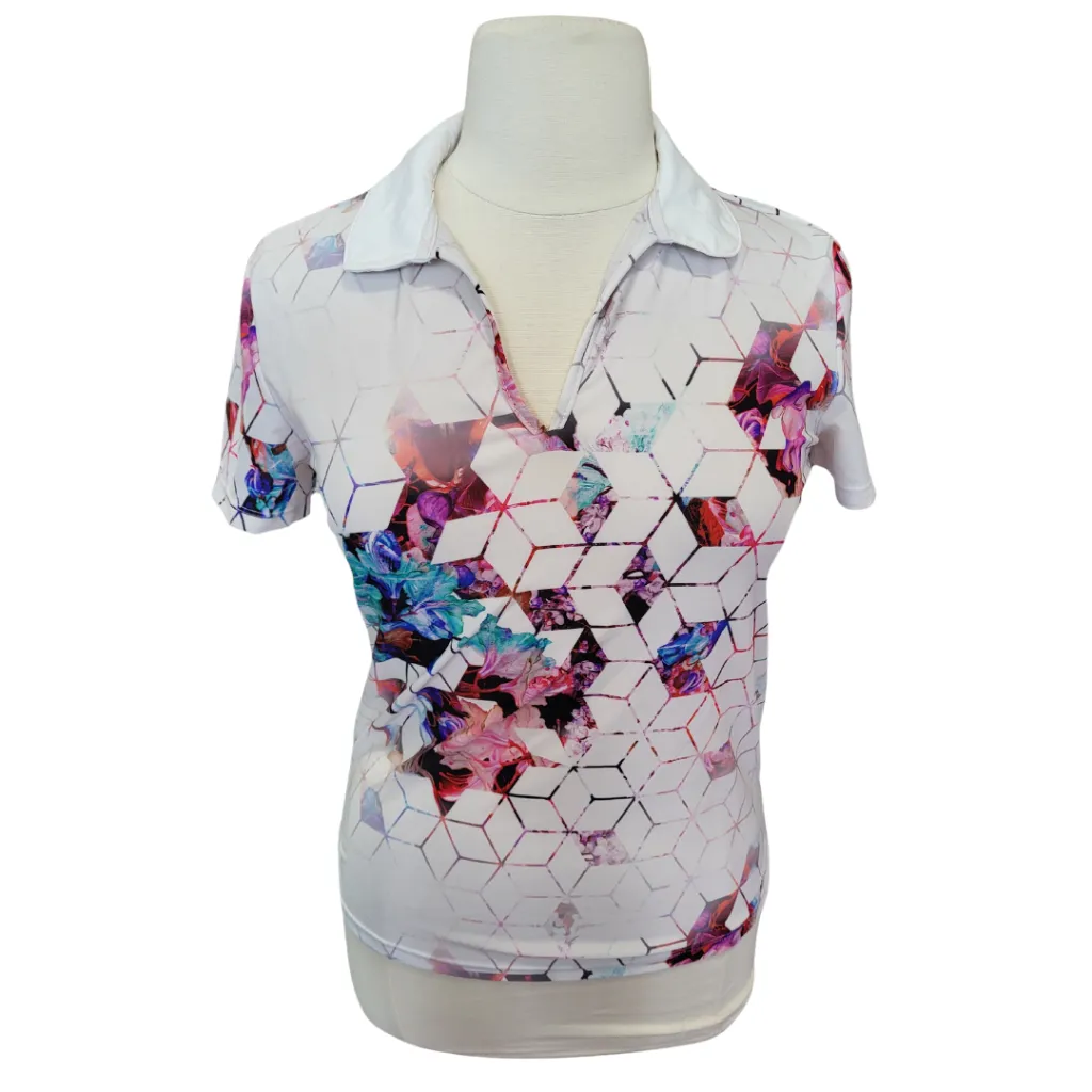 SwingDish Electric Floral Geometric Print White Polo Size L