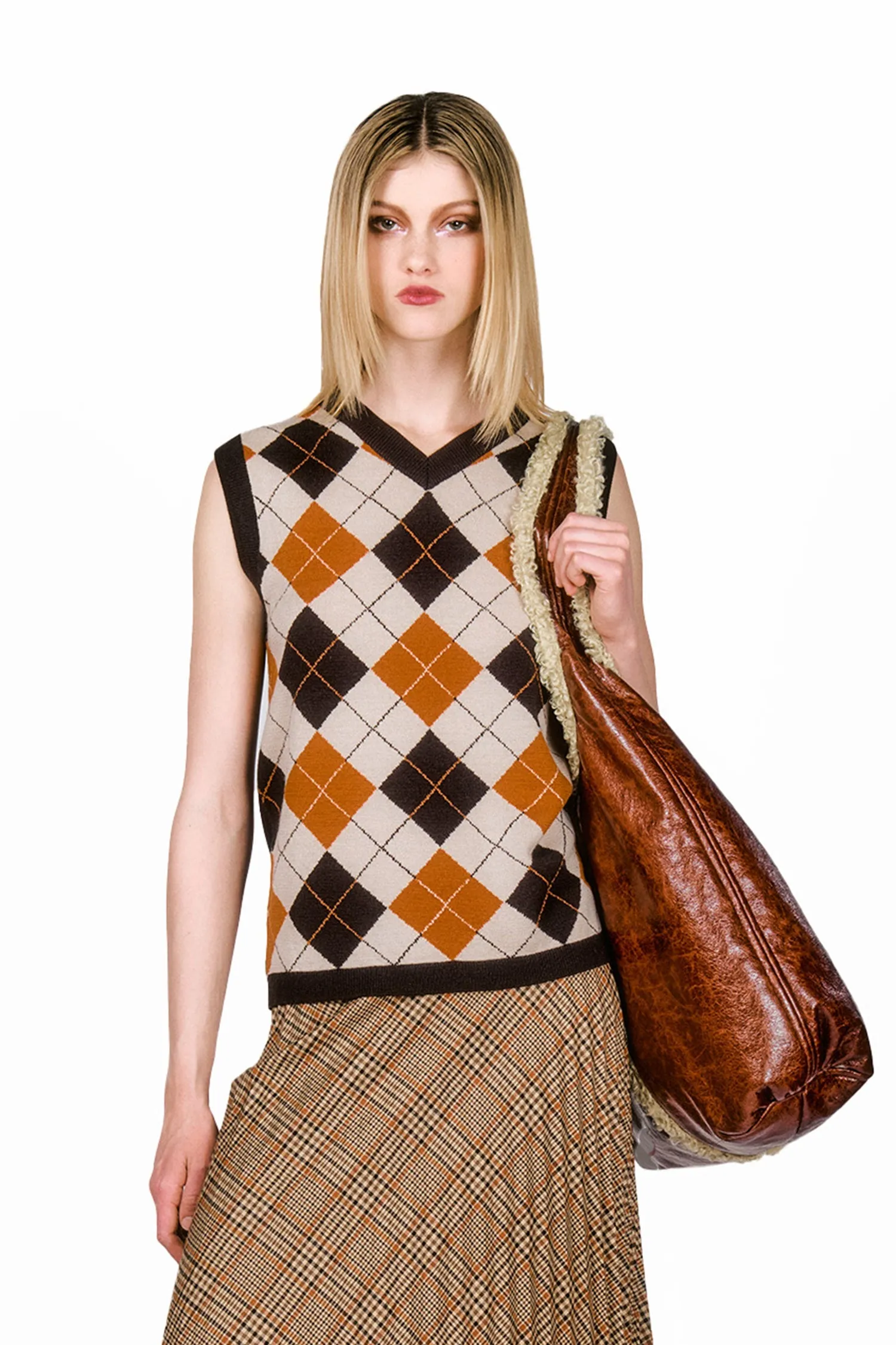 Tobacco Faux Leather with Curly Lamb Trim Hobo Bag Annasui