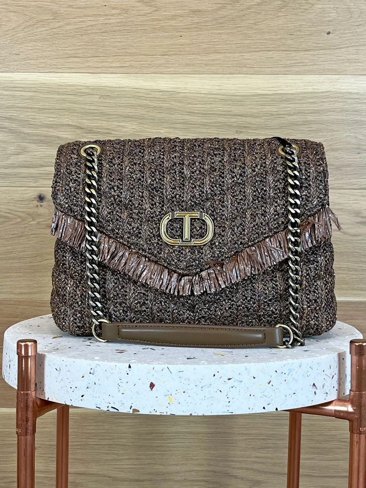 Twinset Jacquard Raffia Shoulder Bag Brown