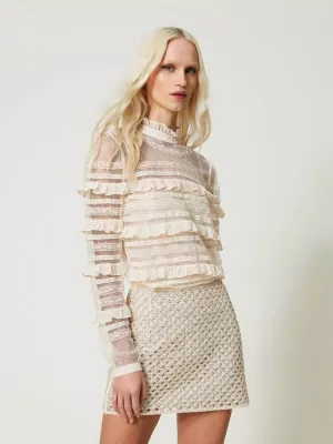 Twinset Plumetis Tulle and Lace Blouse Ivory