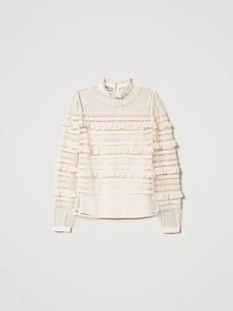 Twinset Plumetis Tulle and Lace Blouse Ivory