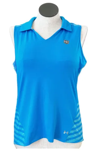 Under Armour V-Neck Blue Glitter Striped Sleeveless Polo Size L MSP $50