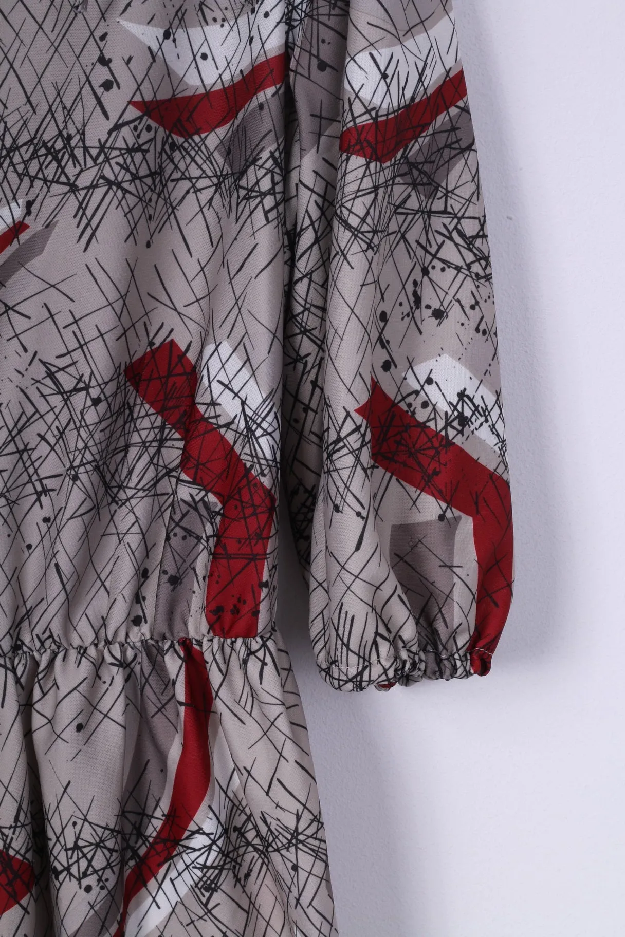 Vintage Womens L Midi Dress Abstract-Print Grey Crew Neck Short Sleeve