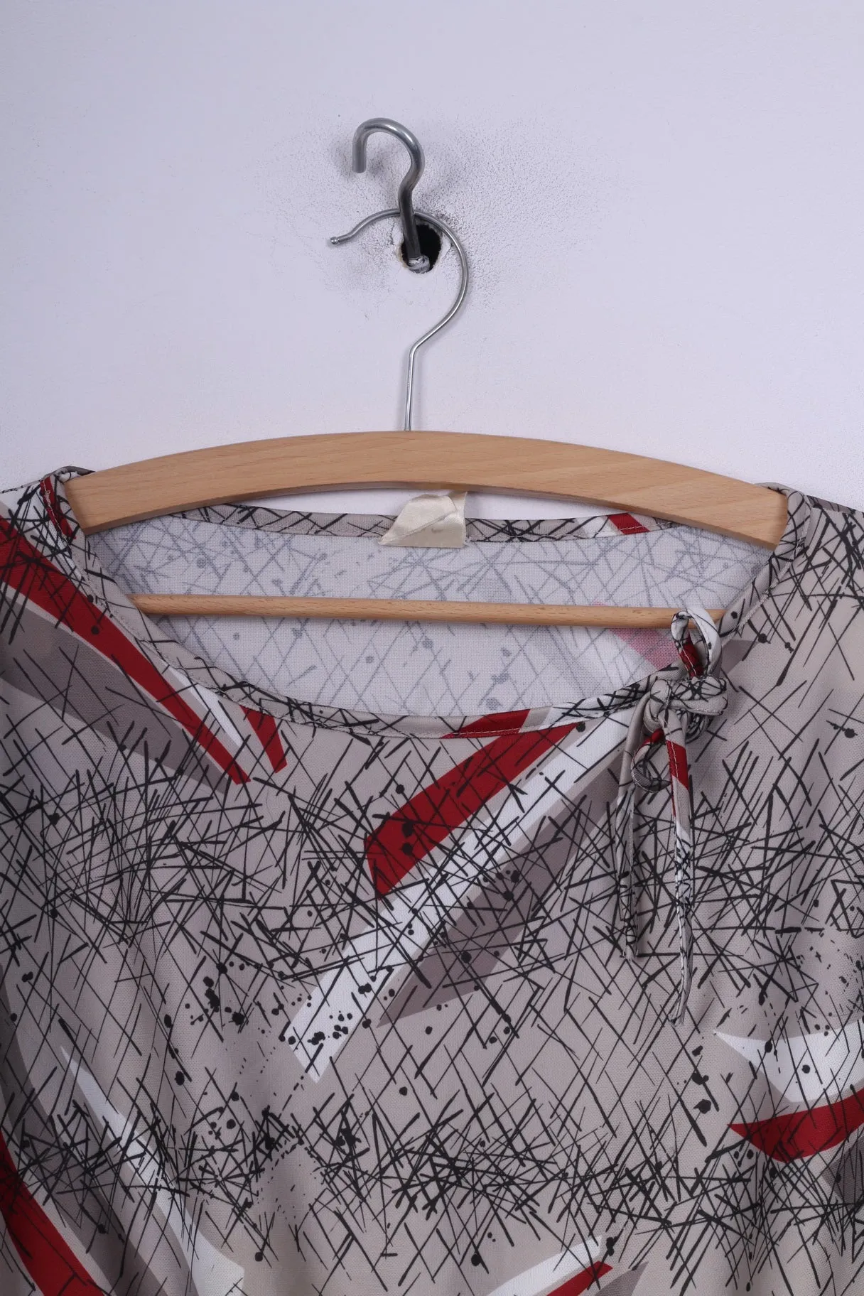 Vintage Womens L Midi Dress Abstract-Print Grey Crew Neck Short Sleeve