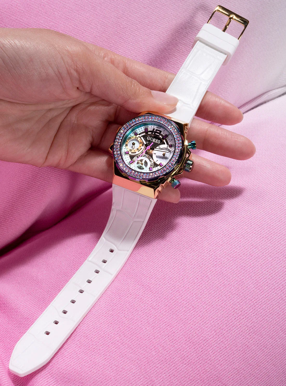 White Iridescent Fusion Silicone Watch Guess