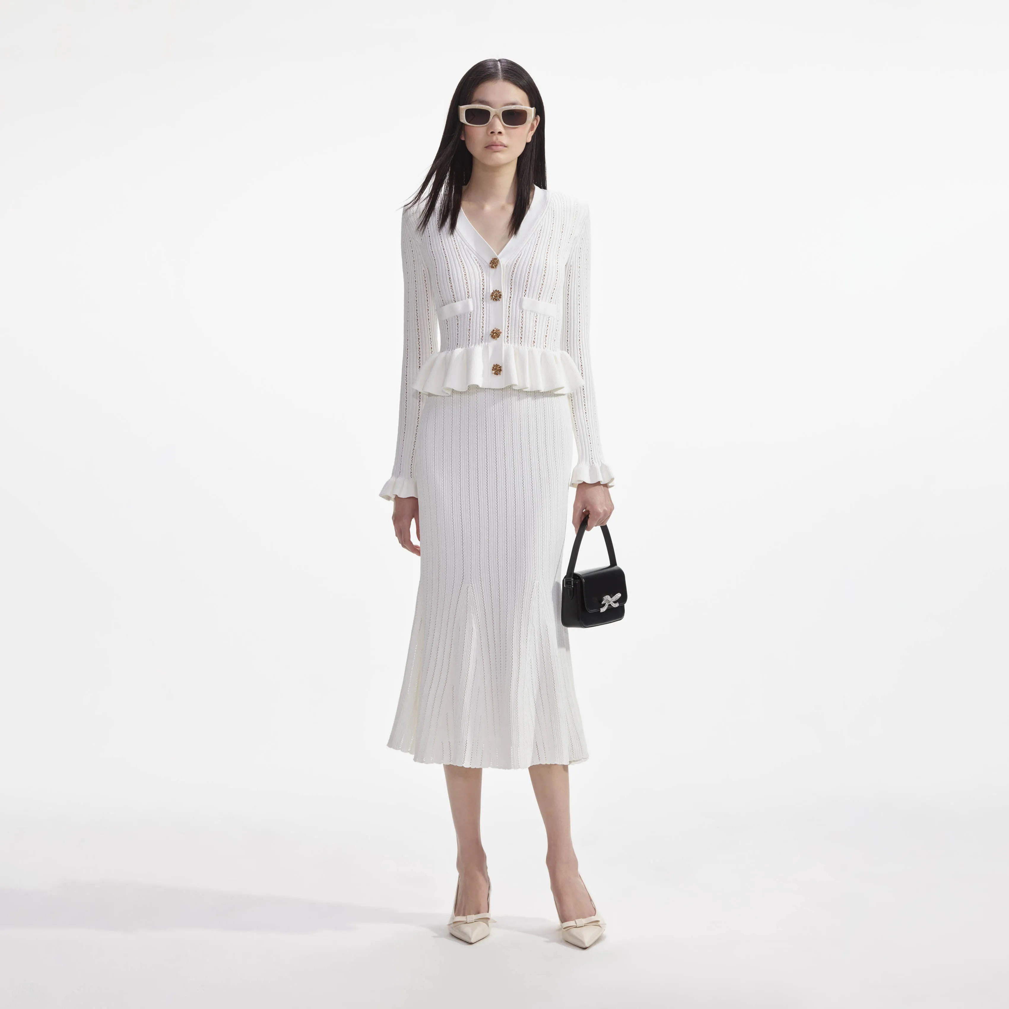 White Knit Peplum Midi Dress Self Portrait