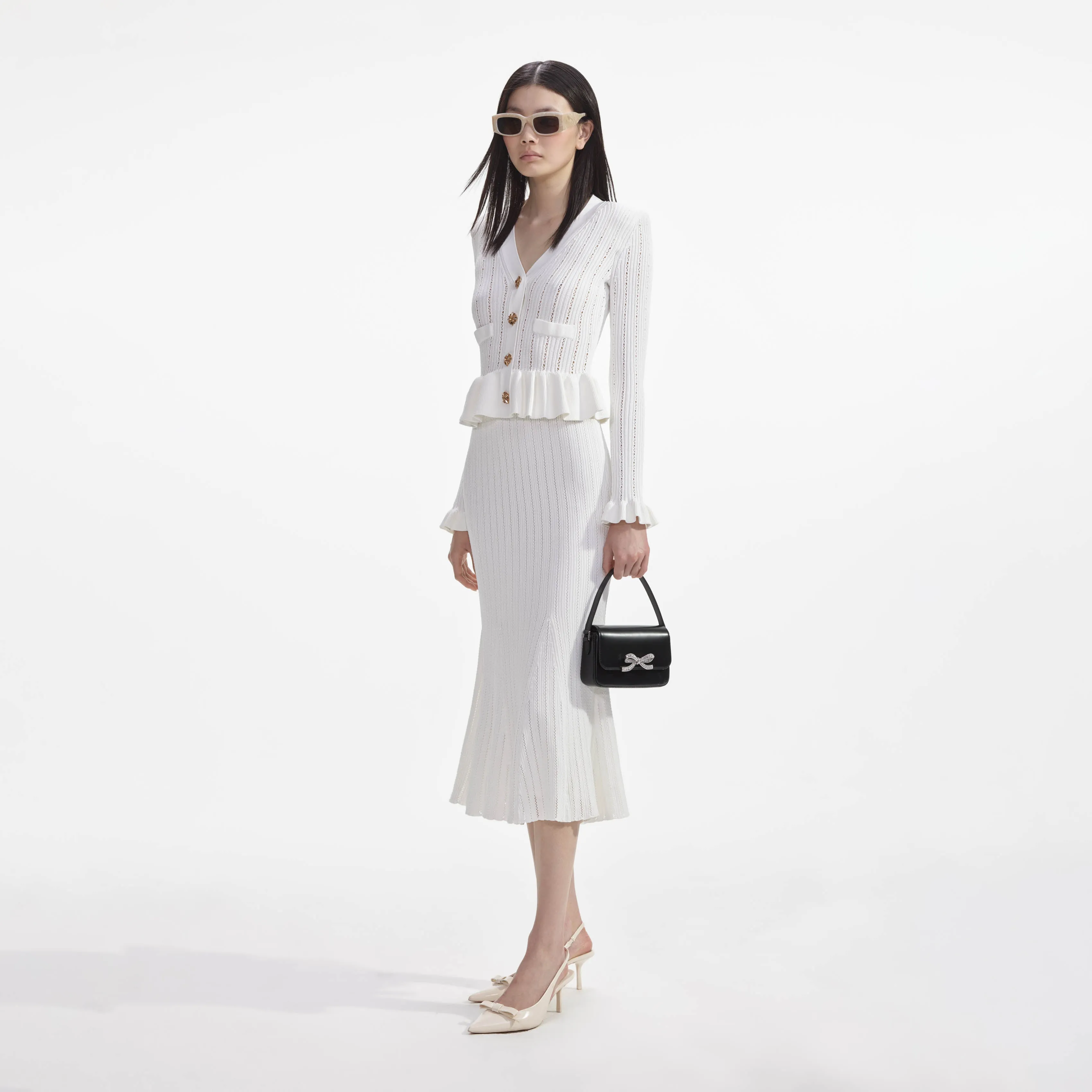 White Knit Peplum Midi Dress Self Portrait