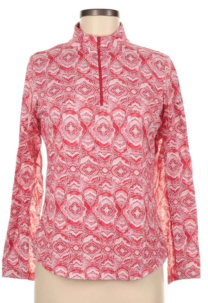 Women's Ibkul Red & White Long Sleeve Zip Mock Sun Shirt Size M