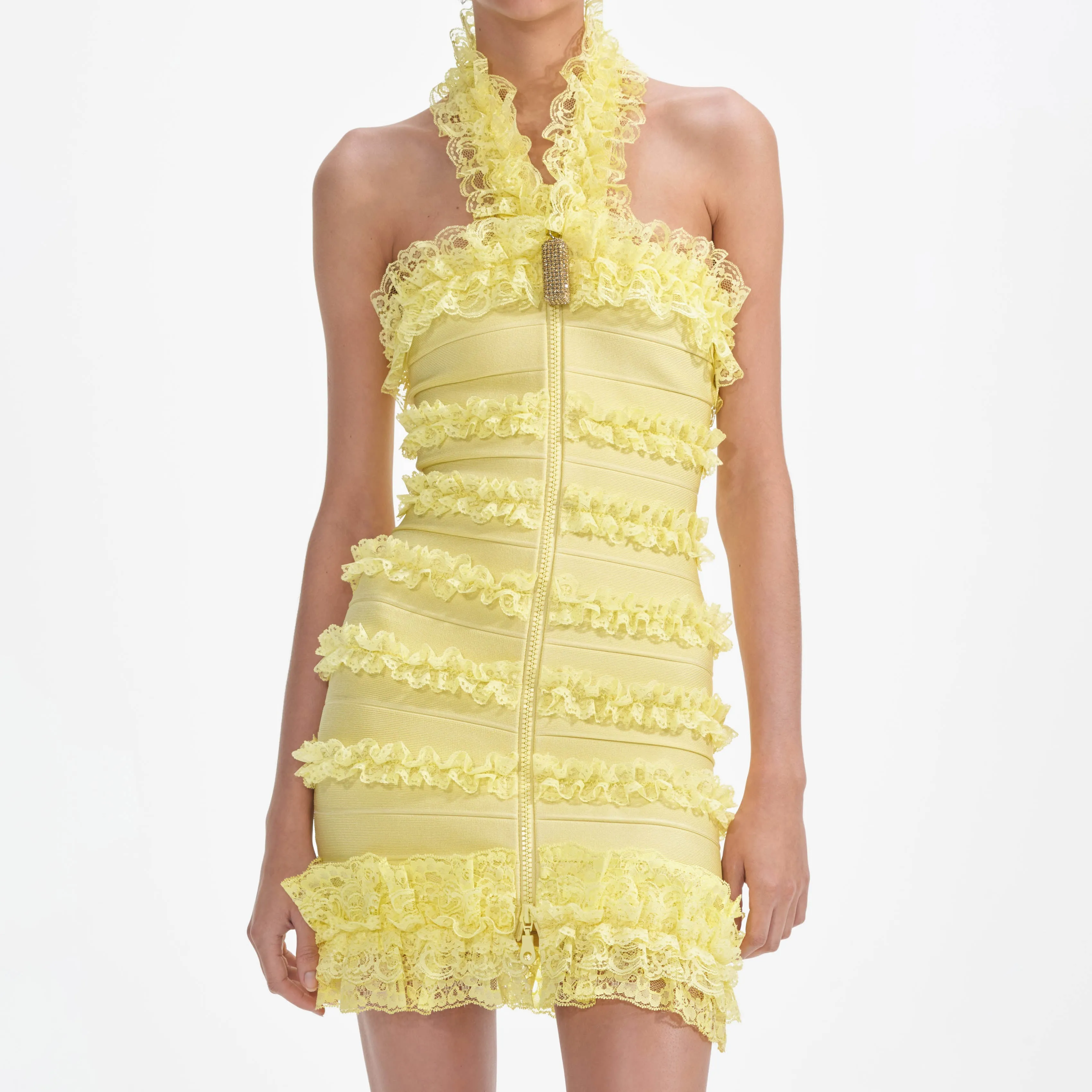 Yellow Knit Zip Ruffle Mini Dress Self Portrait